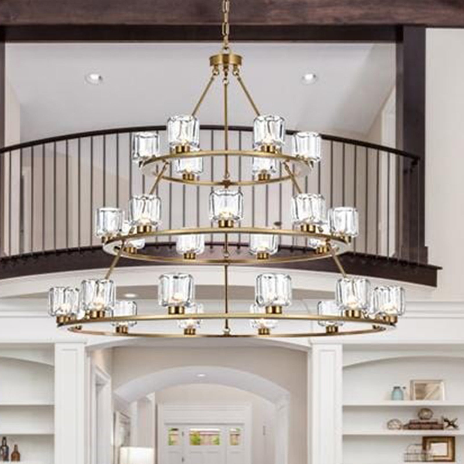 48 Inch Three-Tier Chandelier In Satin Gold Satin Gold And Clear Finish - LIGHTING by Joshua Marshal