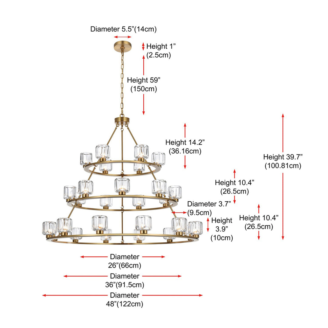 48 Inch Three-Tier Chandelier In Satin Gold - View 6 - Joshua Marshal